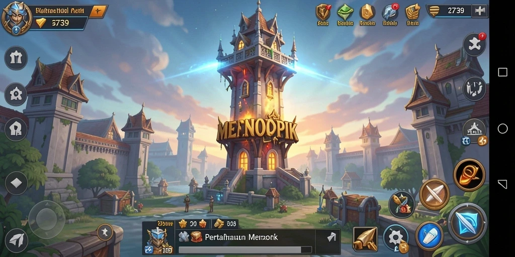 Screenshot utama menunjukkan gameplay dinamis dan menara bertahan.