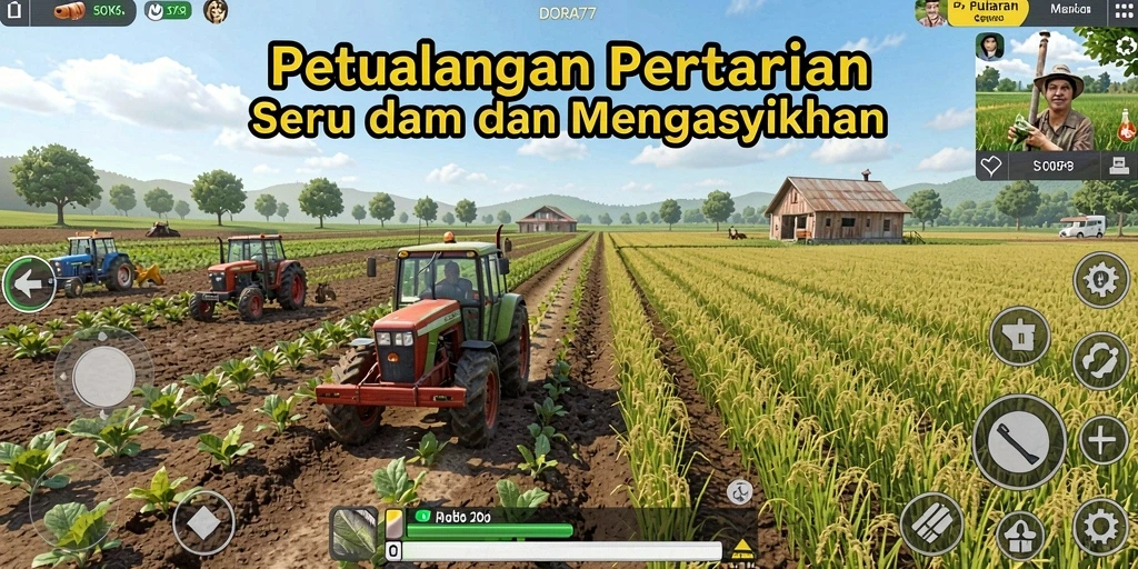 Gameplay DORA77 menunjukkan kebun subur dengan berbagai tanaman dan hewan.