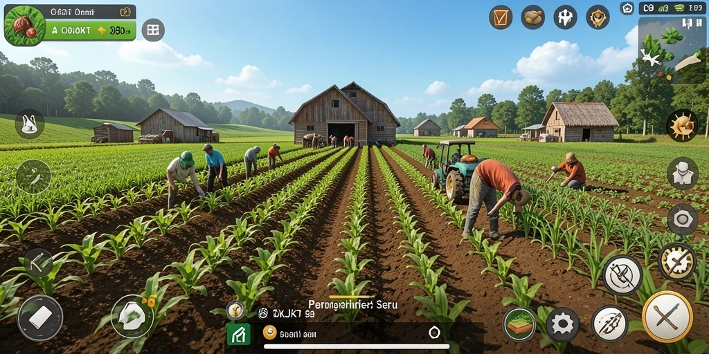 Screenshot OKJKT menunjukkan seorang pemain sedang bertani dengan tanaman yang subur.