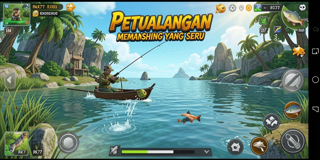 Screenshot gameplay RK77 menampilkan aksi memancing seru yang menakjubkan.