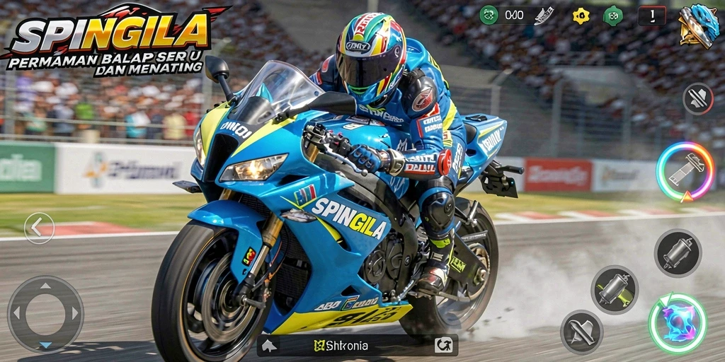 Tampilan gameplay SPINGILA dengan balapan motor yang seru dan mendebarkan.