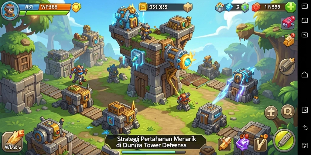 Tangkapan layar gameplay WP888 menampilkan menara dan musuh dalam aksi Tower Defense.